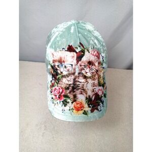 Velvet Cat Hat Cap Mint Green Floral Kittens with Glasses Novelty Grannycore Cut